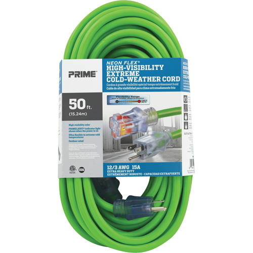 Cordon rallonge haute visibilit&eacute; Neon Flex, Ext&eacute;rieur, SJTW, AWG 12/3, 15 A, 50' Distribution Industrielle GC