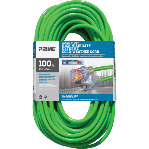 Cordon rallonge haute visibilit&eacute; Neon Flex, Ext&eacute;rieur, SJTW, AWG 12/3, 15 A, 100' Distribution Industrielle GC