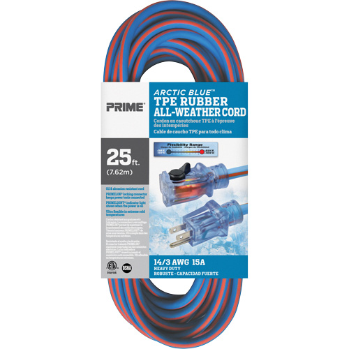 Cordon rallonge Arctic Blue, Toutes saisons, SJEOW, AWG 14/3, 15 A, 25' Distribution Industrielle GC
