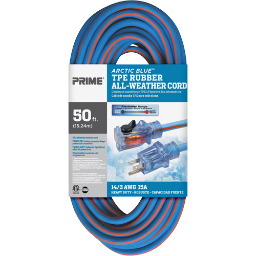 Arctic Blue Extension Cord, All-Weather, SJEOW, 14/3 AWG, 15 A, 50' Distribution Industrielle GC