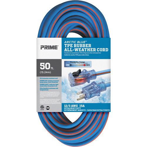 Cordon rallonge verrouillable toute saison en caoutchouc TPE Arctic Blue, Toutes saisons, SJEOW, AWG 12/3, 15 A, 50' Distribution Industrielle GC