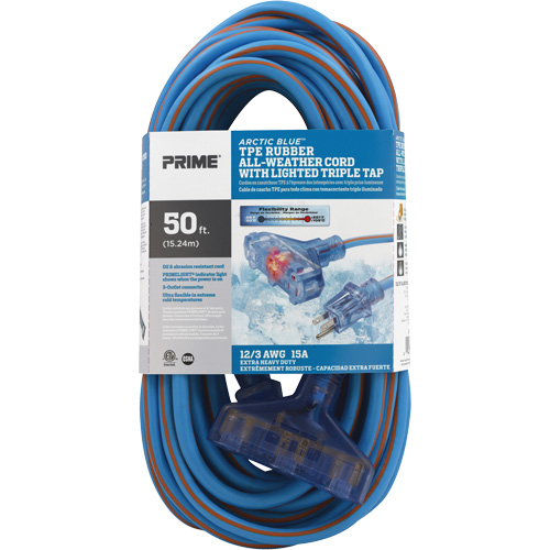 Arctic Blue TPE-Rubber Extension Cord, All-Weather, SJEOW, 12/3 AWG, 15 A, 3 Outlet(s), 50' Distribution Industrielle GC