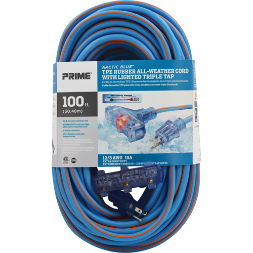 Arctic Blue TPE-Rubber Extension Cord, All-Weather, SJEOW, 12/3 AWG, 15 A, 3 Outlet(s), 100' Distribution Industrielle GC
