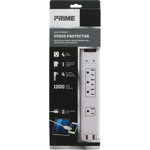 Limiteurs de surtension avec chargeur USB, 4 Prises, 1200 J, 1875 W, Cordon 4' Distribution Industrielle GC