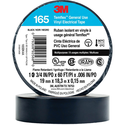 Temflex General Use Vinyl Electrical Tape 165, 19 mm (3/4") x 18 M (60'), Black, 6 mils Distribution Industrielle GC