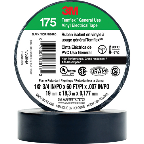 Temflex General Use Vinyl Electrical Tape 175, 19 mm (3/4") x 18 M (60'), Black, 7 mils Distribution Industrielle GC