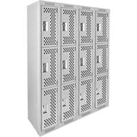 Clean Line Lockers, 3 -tier, Bank of 4, 48" x 12" x 72", Steel, Grey, Rivet (Assembled), Perforated Distribution Industrielle GC