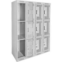 Clean Line Lockers, 3 -tier, Bank of 4, 48" x 12" x 72", Steel, Grey, Rivet (Assembled), Perforated Distribution Industrielle GC