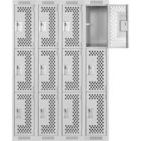 Clean Line Lockers, 3 -tier, Bank of 4, 48" x 12" x 72", Steel, Grey, Rivet (Assembled), Perforated Distribution Industrielle GC