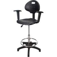 Tabouret ergonomique robuste avec accoudoirs r&eacute;glables, Stationnaire, Ajustable, 39" - 48", Polyur&eacute;thane Si&egrave;ge, Noir Distribution Industrielle GC