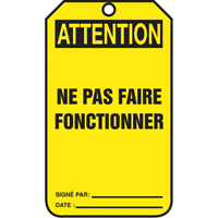 &eacute;tiquettes de verrouillage, Papier cartonn&eacute;, 3-1/8" la x 5-7/8" h, Français Distribution Industrielle GC
